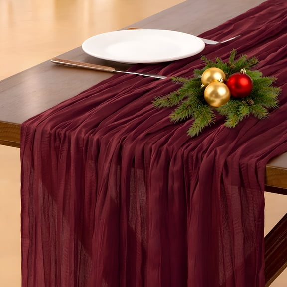 AUQ Burgundy Red Valentine's Day Table Runner Cheesecloth Boho Rustic Gauze 120 inch 10FT Cheese Cloth Runner for Wedding Party Baby Shower Birthday Home Decor Holiday Decorations