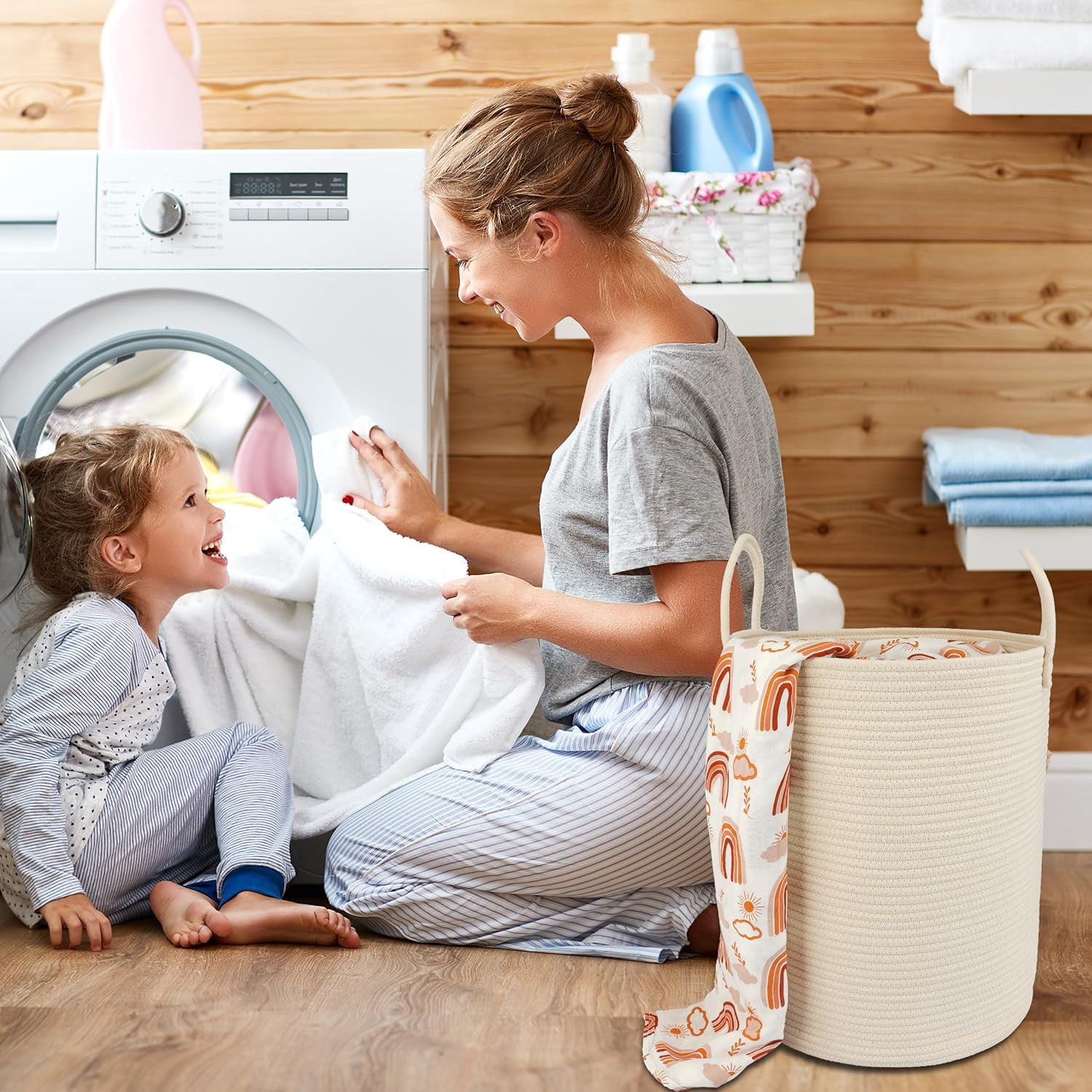WarmHavenv Cotton Rope Laundry Basket Hamper for Clothes Woven Storage Basket for Living Room Bedroom Boho Tall Rope Baskets for Blanket Toys Pillow Towels Baby Nursery Hamper Bin beige