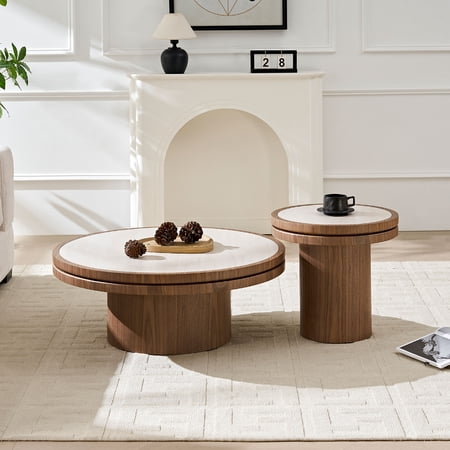 Coffee Table Set Round Sintered Stone Top and Walnut MDF Wood Frame 19.49 and 35.43 Nested Circle Tables for Living Room Apartment and Reception Room Modern Walnut Finish