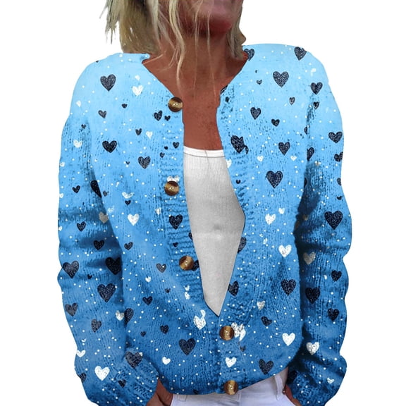 Fgvctg Valentine's Day Sweaters for Women Open Open Front Cute Sweater Casual Long Sleeve Coat Love Heart Graphic Cardigan Spring Button Down Sweaters Chunky Outfit Blue S