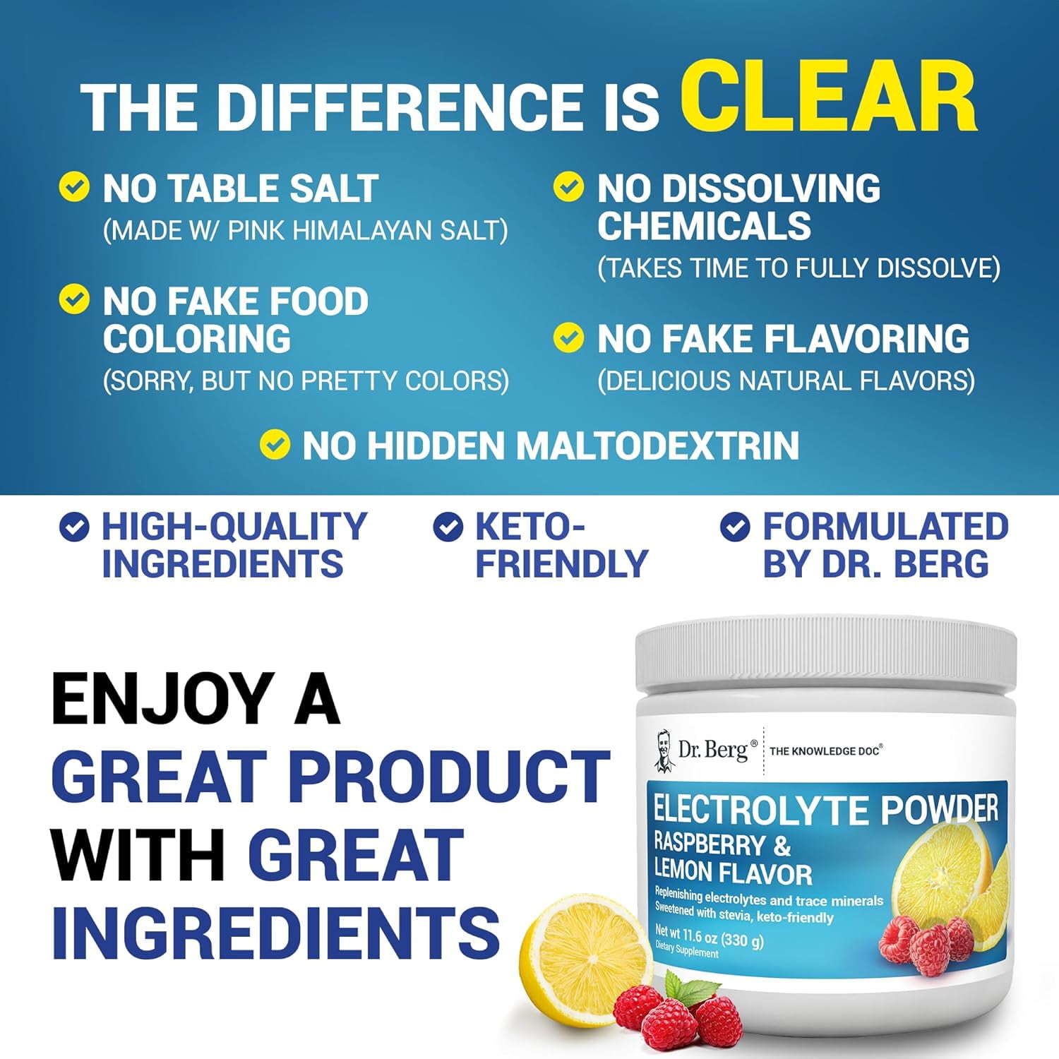 Dr. Berg Electrolyte Powder - Raspberry & Lemon Hydration Powder, 50 Servings