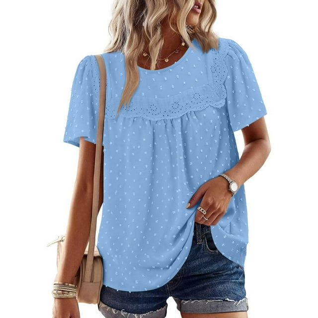 Liquidation d'Économies! Hauts Grande Taille pour Femmes, Blouse à Manches Courtes d'Été pour Femmes, Mode Décontractée à Manches Courtes Col Rond Uni Pliable Blouse pour Dames