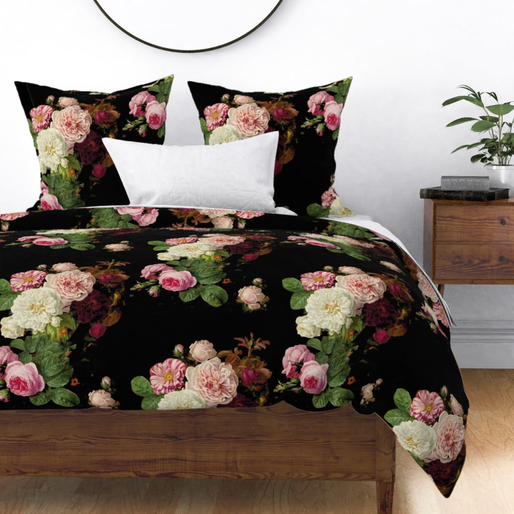 Pink Roses Dark Floral Flowers On Black White Antique Pillow Sham by Roostery 