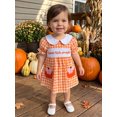 thumbnail image 6 of RUINIXCW Toddler Baby Girl Halloween Dress Outfit Infant Baby Girls Summer Fall Clothes Plaid Gingham Dress Puff Short Sleeve Peter Pan Doll Collar Pumpkin Embroidery A Line Dress, 6 of 9