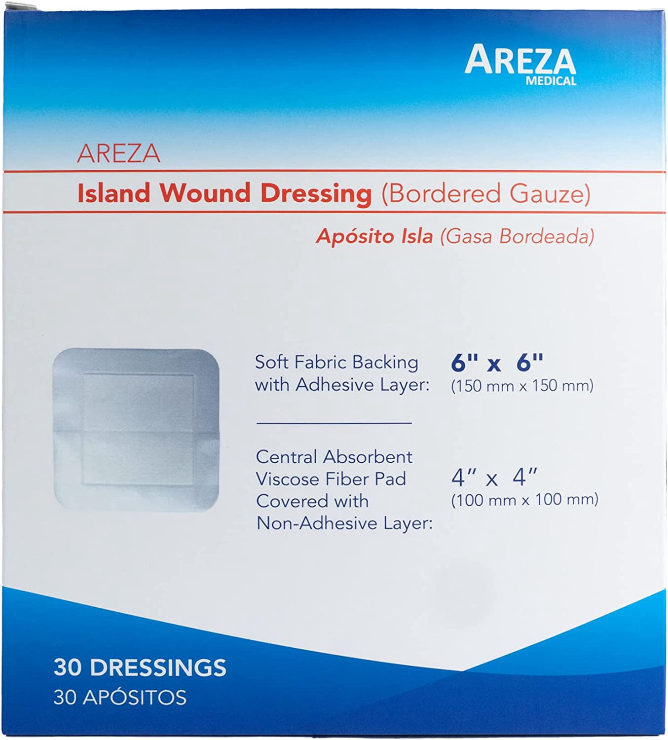 Bordered Gauze Island Dressing 6" x 6" Sterile Latex Free 30 Per Box Wound Dressing by Areza Medical 30 Count (Pack of 1)