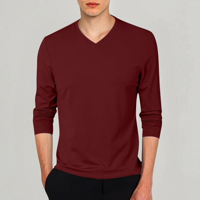 MIXUE Summer Shirts For Men Solid Color V Neck Long Sleeve Slim Fit Casual Lightweight Tops Pullover T Shirts Activewear,Red,L