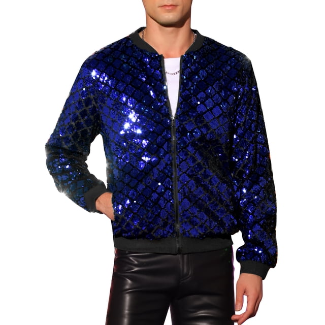 CHAQUETA CHIC para Hombres Chaqueta de Béisbol con Lentejuelas Argyle Fiesta Club Chaqueta Brillante 2XL Azul