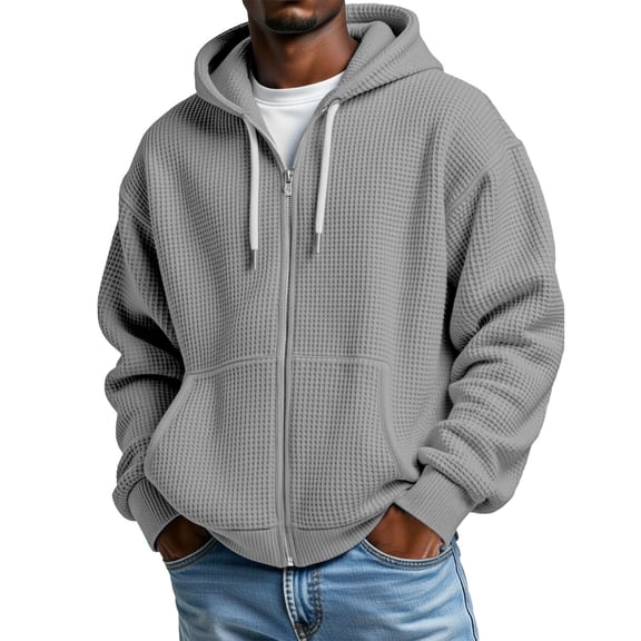 IWRICH Sweatshirt for Men Waffle Full Zip up Hooded Sweatshirts Cozy Solid Color Hoodie Casual Loose Fit Coat XL