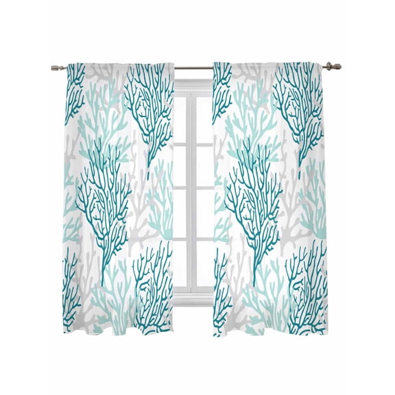 Teal Grey Coral Coastal Curtains 63 Inch Length,Sheer Curtains for Bedroom Living Room Window Summer Beach Seaside Nautical Rod Pocket Drapes Kitchen Curtains Small Half Window 42"x63" 2 Panels