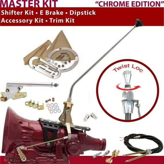 American Shifter 4L60 Shifter Kit Chrome 23 in. E Brake Cable Clevis Trim Kit Dipstick for DC8DE