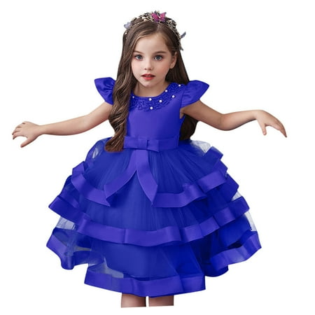 

CLZOUD Little Girls Party Dresses Blue Floral Kids Girls Princess Bridesmaid Pageant Gown Birthday Party Wedding Dress 140