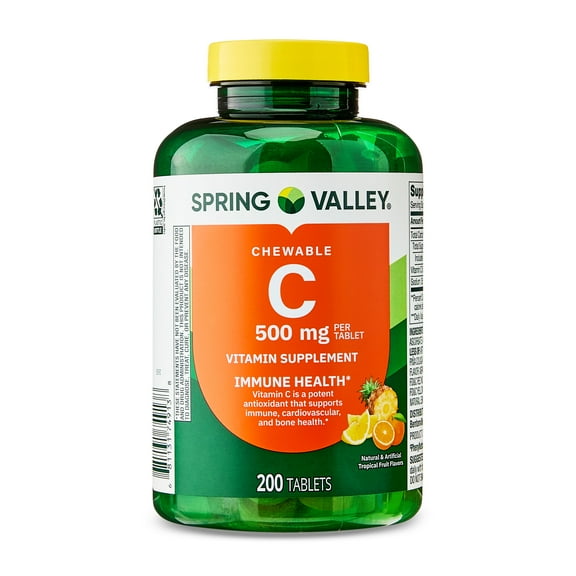 Spring Valley Vitamin C Dietary Supplement, Tropical Fruit, 500 mg, 200 Count, Chewable Tablets for Immune Health