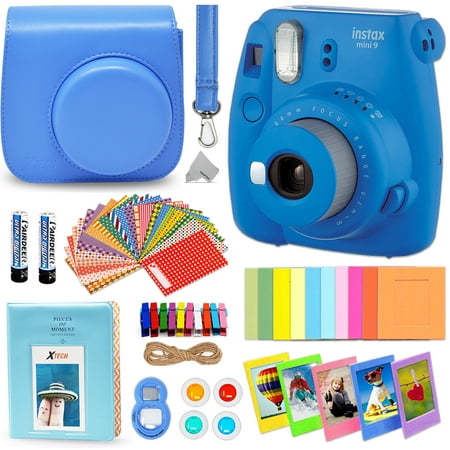 Fujifilm Instax Mini 9 Instant Fuji Camera (COBALT BLUE) + Accessories Bundle + Custom Matching Case w/Neck Strap + Photo Album + Assorted Frames + 4 Color Filters + 60 Sticker Frames +