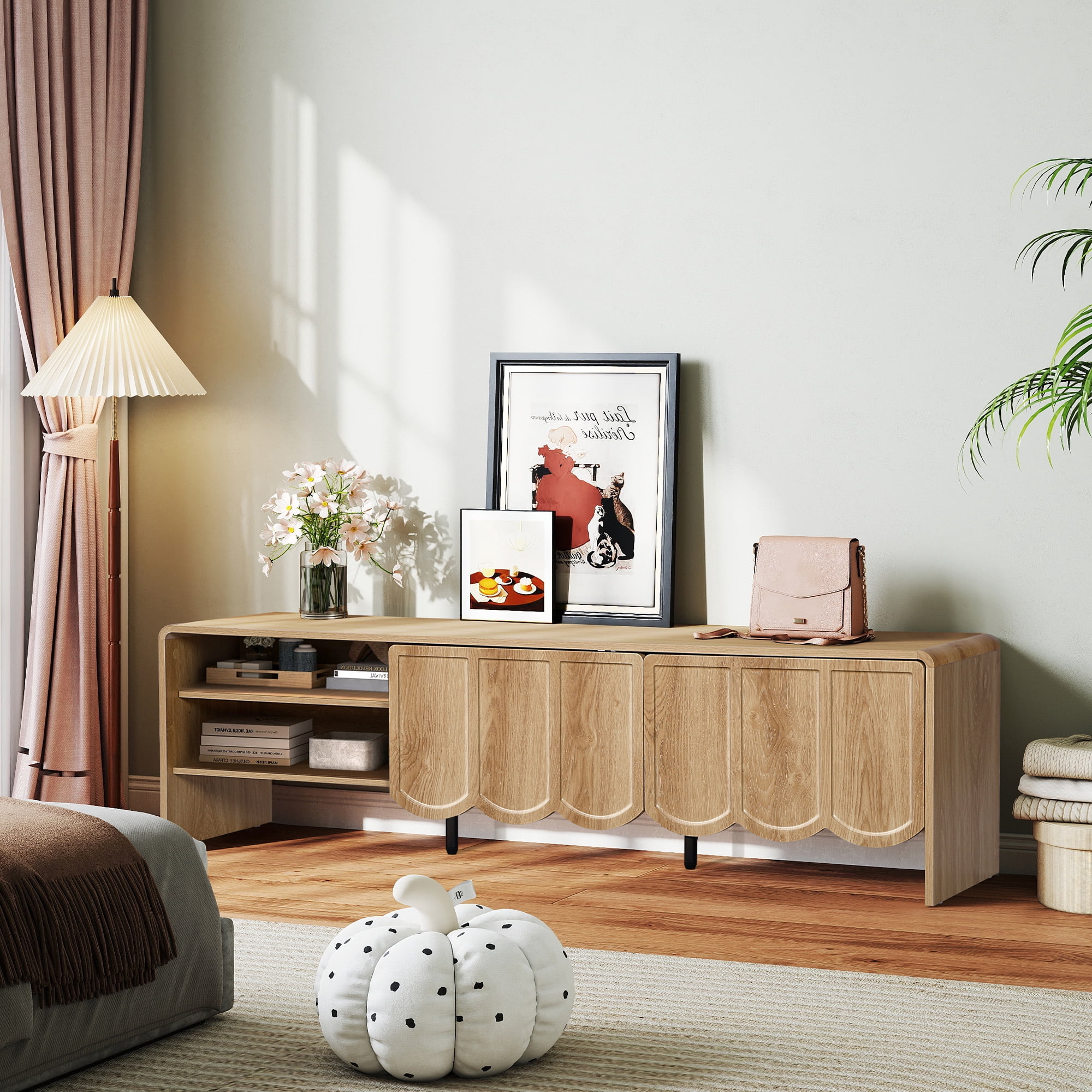 YOCWO TV Stands for 65 inch tv, TV Stand with Sliding Wave Doors, Wood Entertainment Center for TVs, Media Console Cabinet with Open Storage for Living Room, Natural
