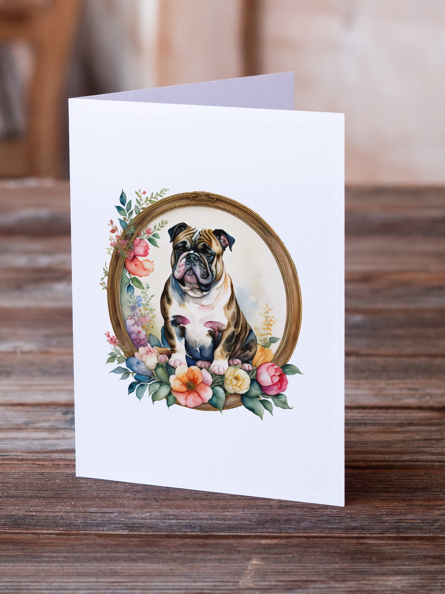 English Bulldog and Flowers Greeting Cards and Envelopes Pack of 8 7 in x 5 in
