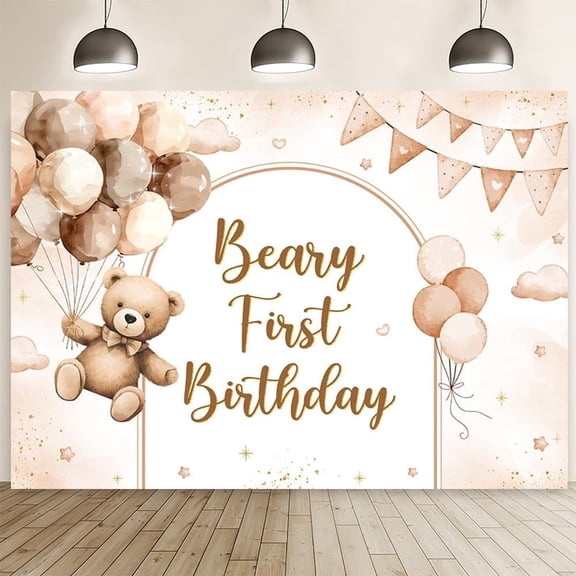 7x5FT Beary 1st Birthday Backdrop Pastel Brown Bear and Balloons First Birthday Photography Background Bear One Birthday Party Decorations Cake Smash Photo Booth Props
