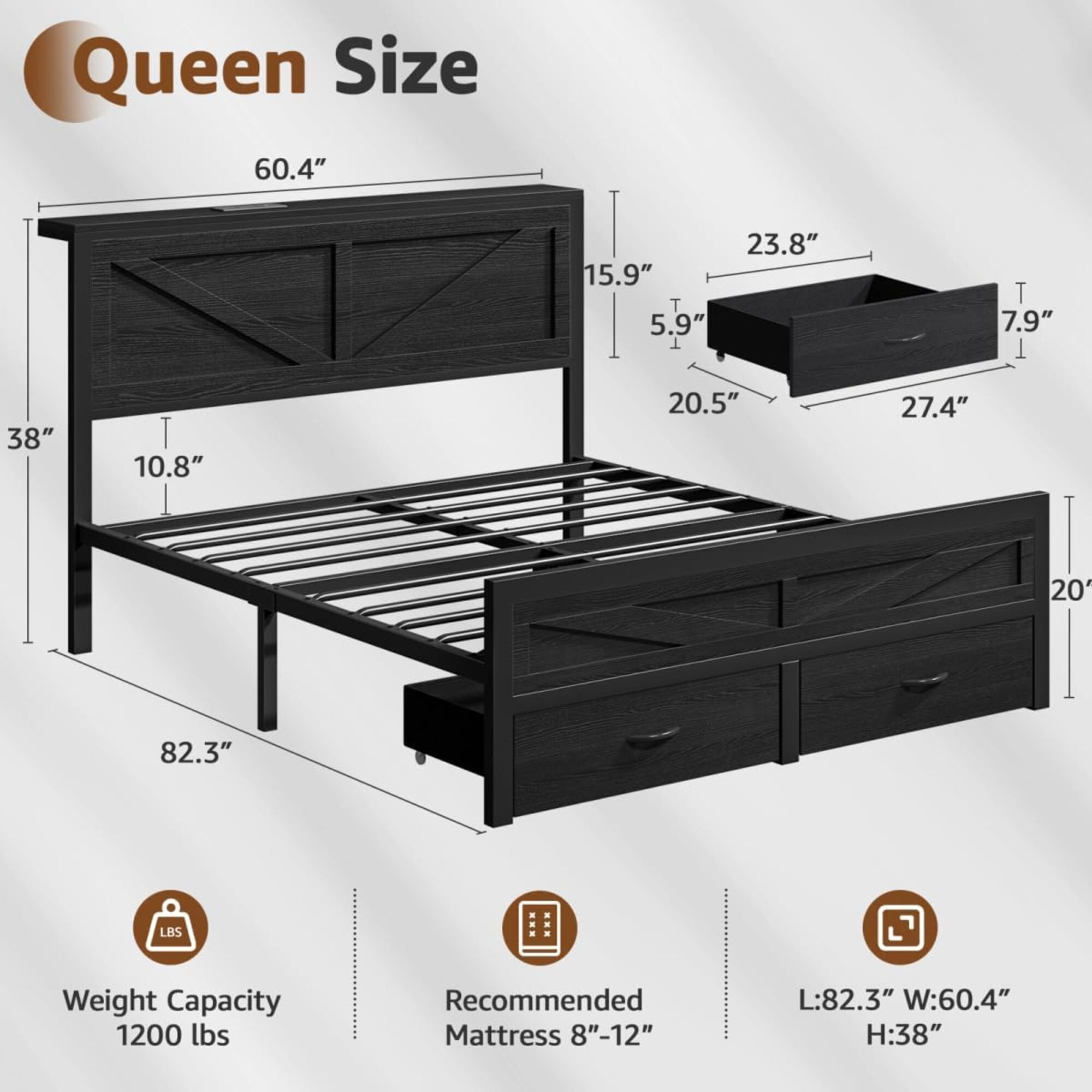 Queen Size Bed Frame with Storage Drawers & Barn Door Headboard, Industrial Farmhouse Platform Bed with LED Lights & Charging Station, No Box Spring Needed (Black)