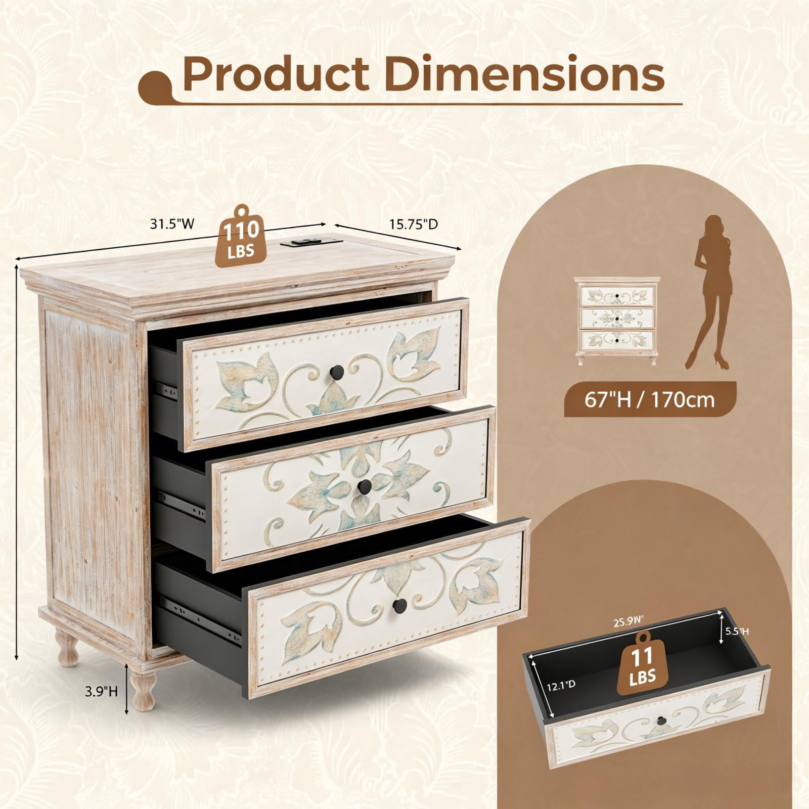 3-Drawer Nightstand with Carved Fronts, White and Wood, 31.5 x 15.75 x 32.24 in