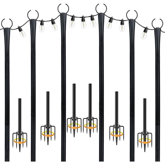 10 Ft String Light Poles for Outside, 6 Pack Heavy-Duty Metal Poles for Outdoor Hanging Lights with Fence Brackets, Outdoor String Light Pole Stand for Patio, Backyard, Garden