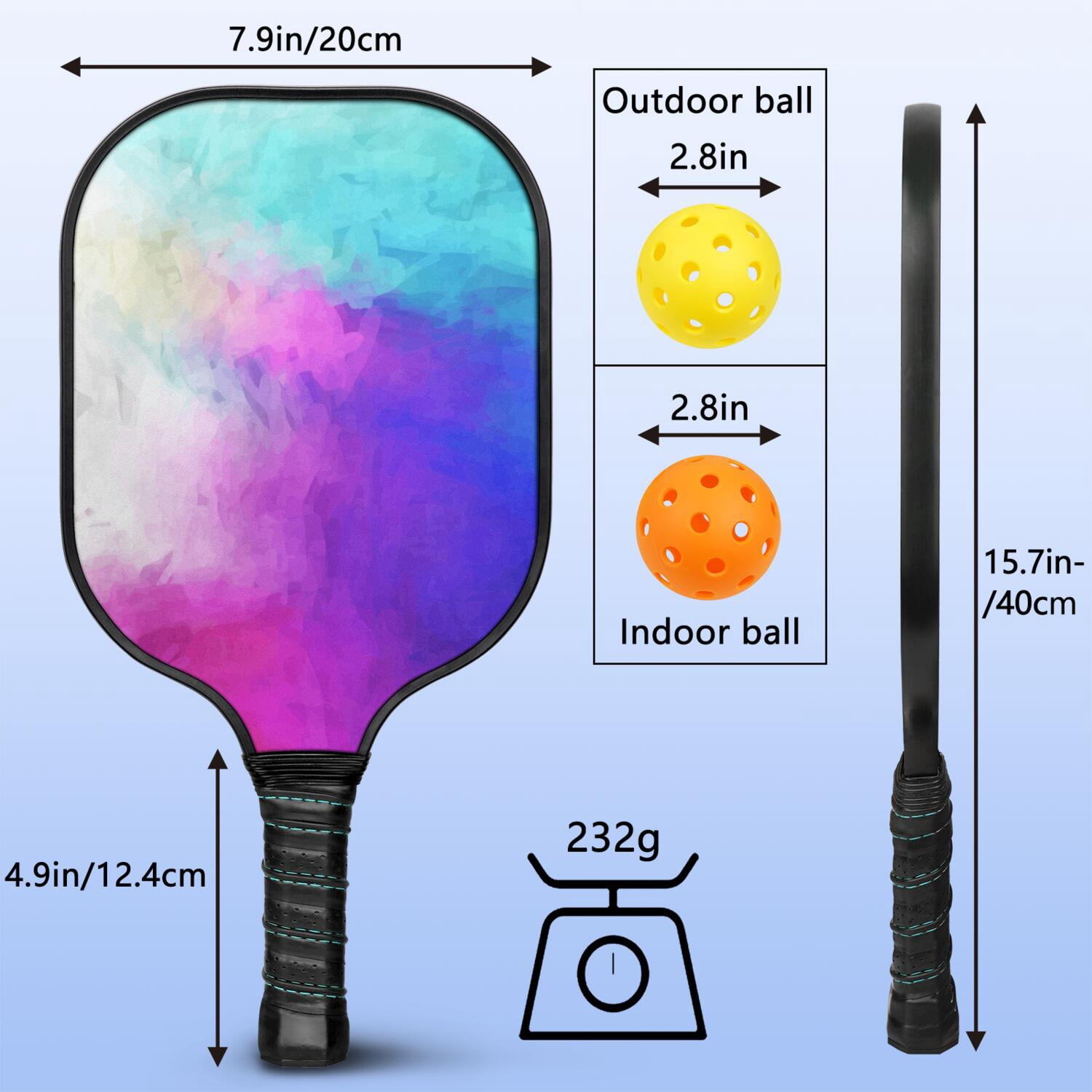 Pickleball Paddles Set Of 1, Fiberglass Surface, Fluid Smoke Aurora Art Style, 1 Paddle, 2 Balls & Bag