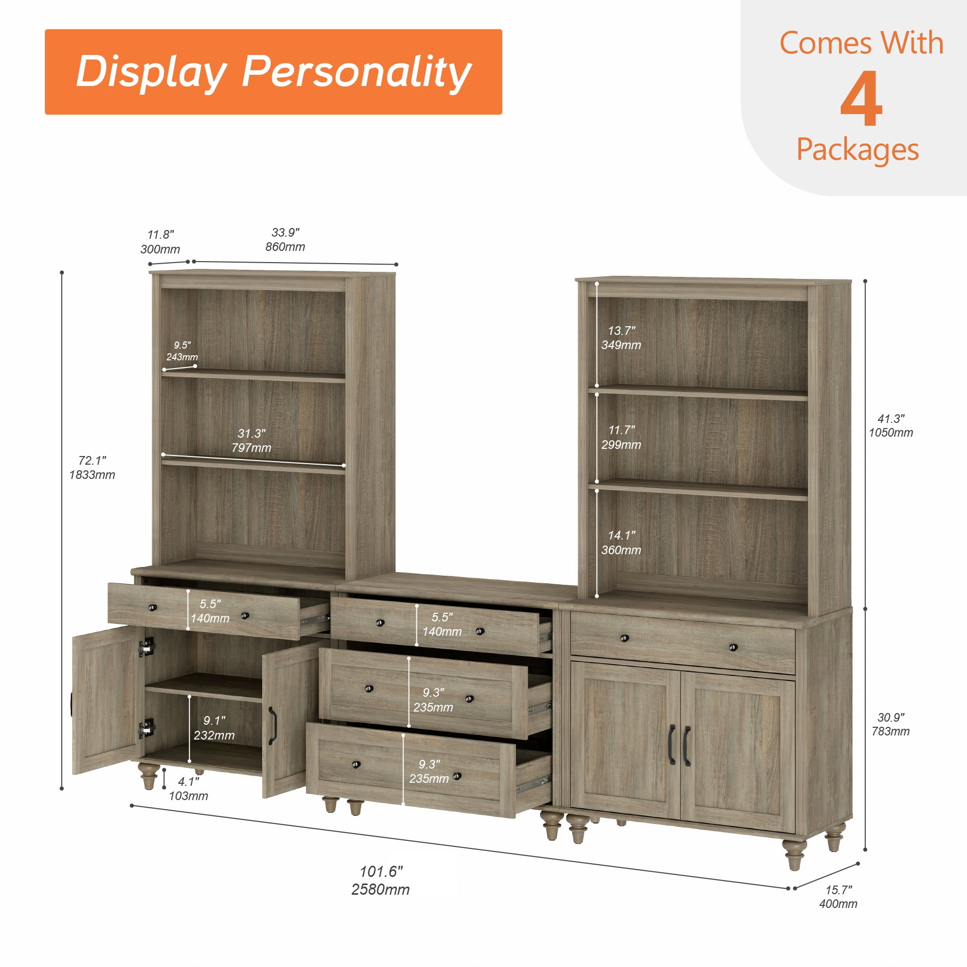 Farmhouse Bookcase With 5 Drawers and 4 Doors, Wash Gray, 101.6" W
