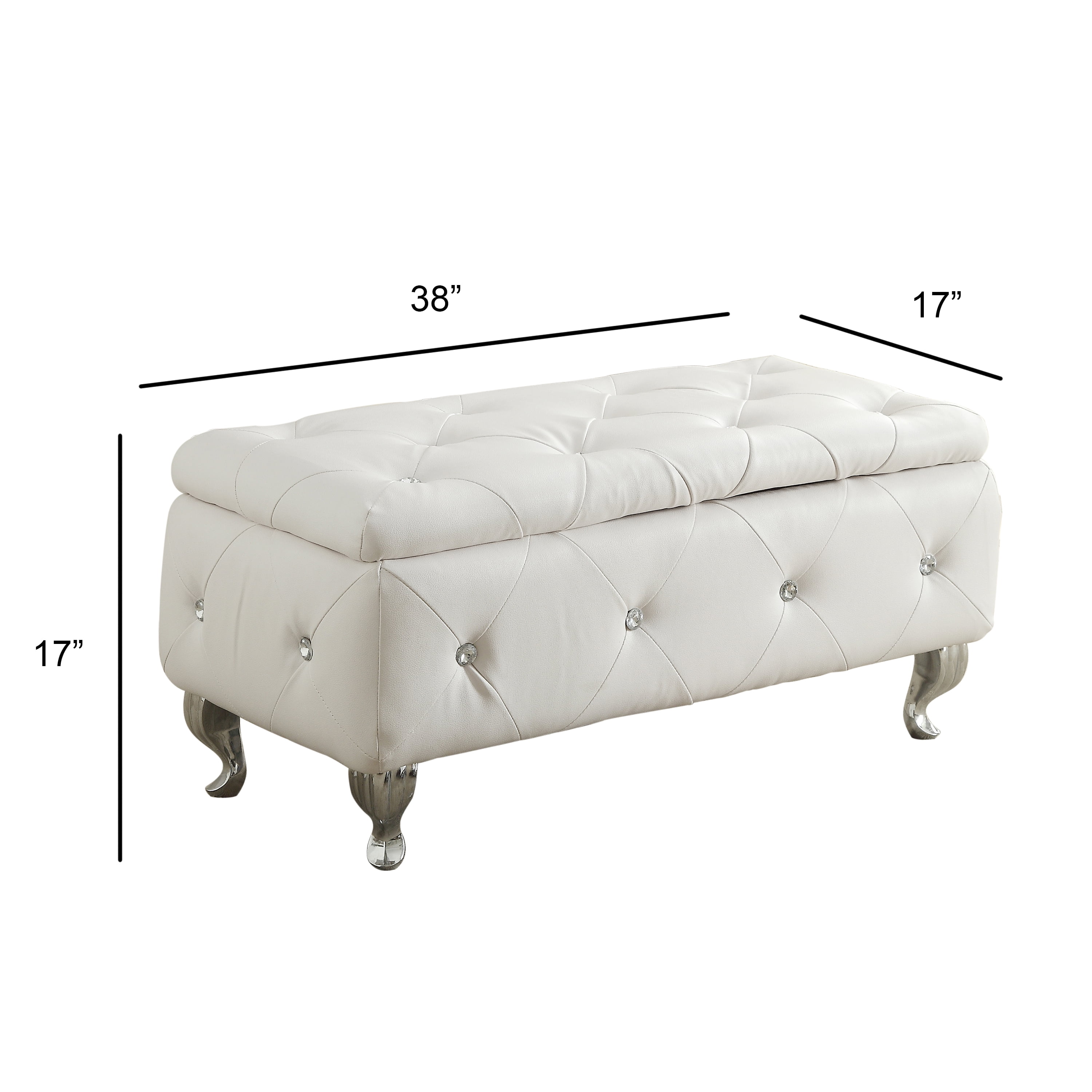 Tufted Bonded Leather Storage Bench, Upholstered Ottoman with Crystal Decor, Hardwood Frame Hidden Storage Bench for Bedroom, Entryway and Living Room