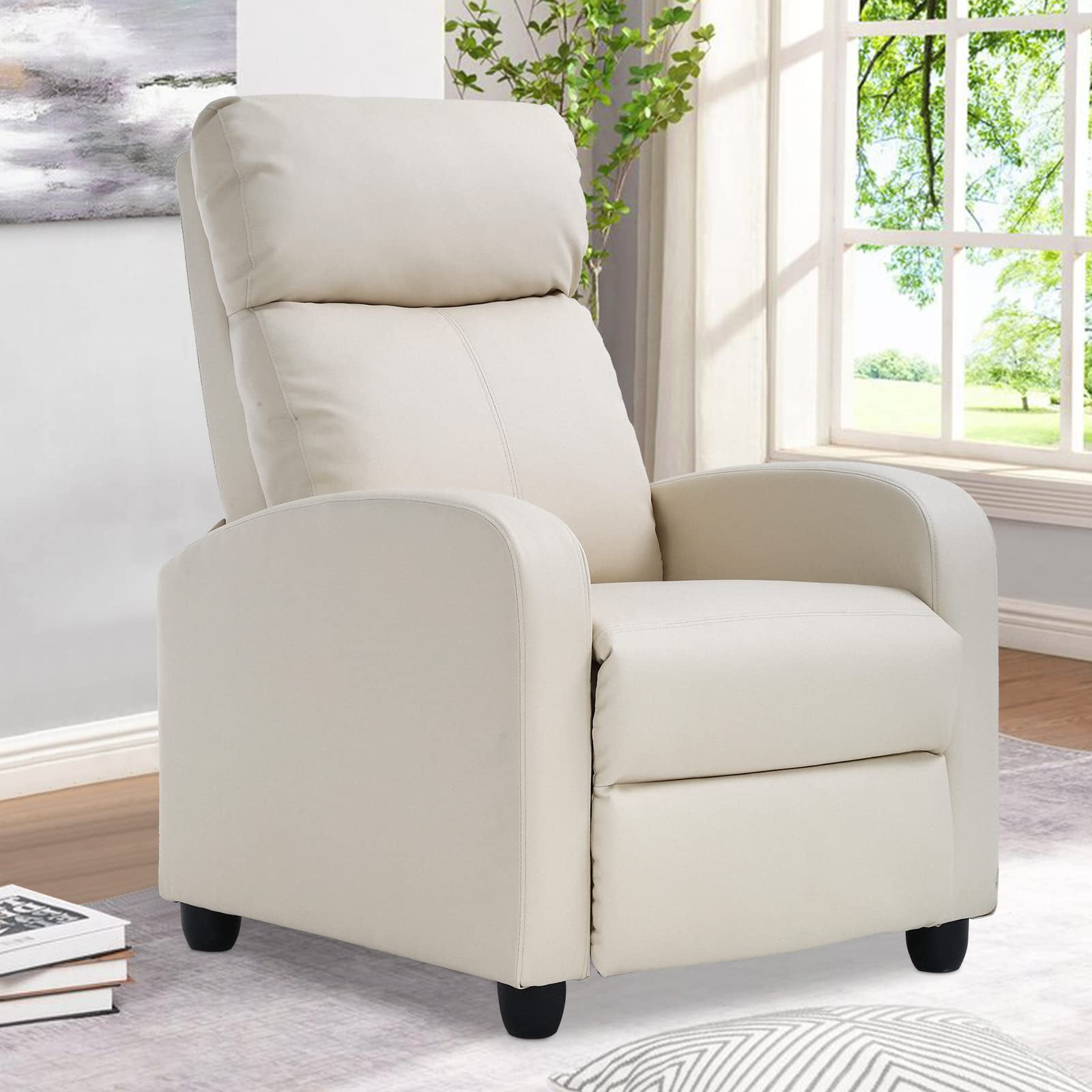 YRLLENSDAN Leather Recliner Chairs for Adults, Manual Push Back Recliner Chair, Massage Recliner Chair for Living Room, Single Sofa Chair Reclinable, Relaxing Home Theater Seating, Beige