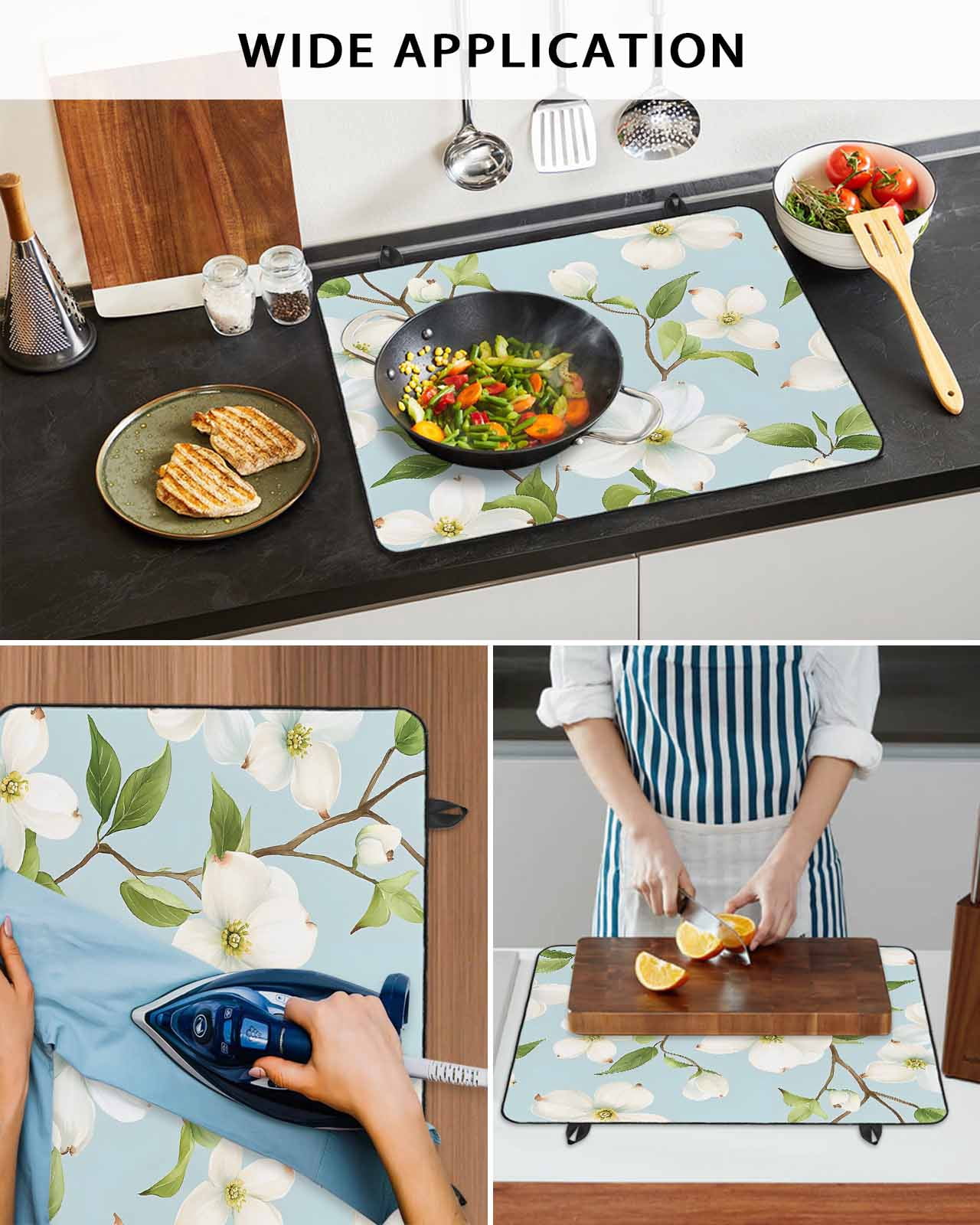 nqOlkjepod Large Induction Cooktop Protector Mat 36"x21", Flower Floral Stove Top Covers for Electric Stove, Country Branch Leaves Watercolor Blue Stove Burner Cover Mats, Glass Top Stove Cover