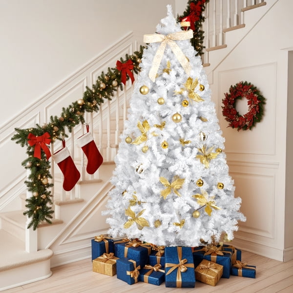 7.5FT White Pre-Lit Christmas Tree - 1600 PVC Branch Tips 400 Warm White LEDs Bow/Golden Flower Ornaments Easy Setup for Home