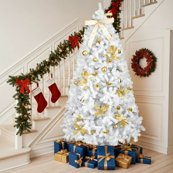 7.5FT White Pre-Lit Christmas Tree - 1600 PVC Branch Tips, 400 Warm White LEDs, Bow/Golden Flower Ornaments , Easy Setup for Home