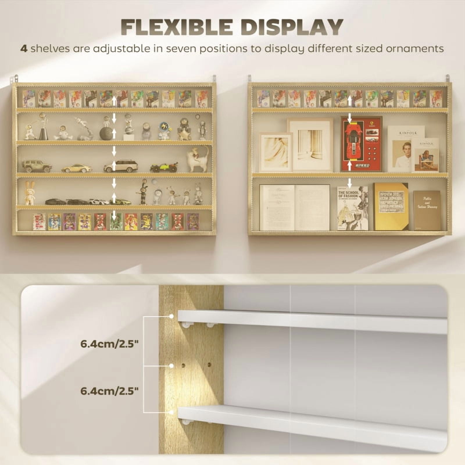 Alvantor 5-Tier Wall Display Storage Cabinet with Glass Doors & Adjustable Shelves 23.6"x31.5"x3.7" Natural