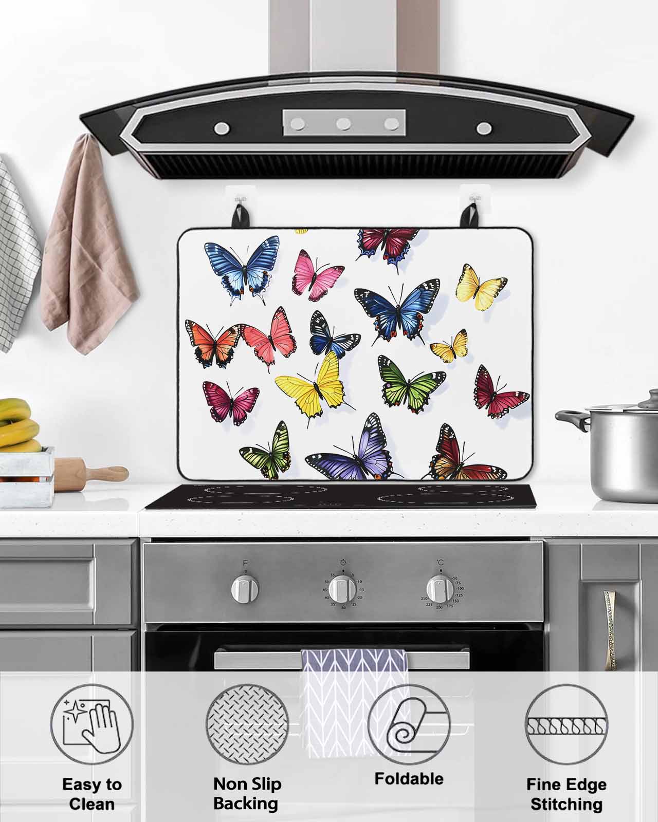 nqOlkjepod Large Induction Cooktop Protector Mat 28.5"x20.5", Butterfly Print Stove Top Covers for Electric Stove, Modern Colorful Animals Decorative Stove Burner Cover Mats, Glass Top Stove Cover