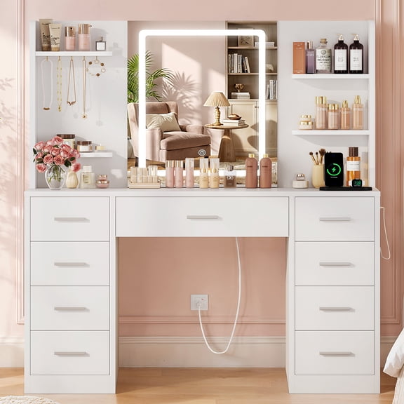 TEENFON Large Vanity Set with LED Mirror & Power Outlet, Vanity Desk with 9 Drawers,4 Shelves and 5 Hooks, Makeup Vanity for Bedroom, White
