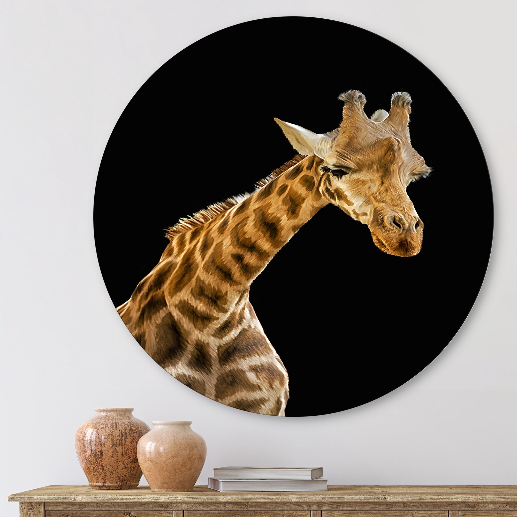 Designart 'Portrait of A Giraffe On Black Background II' Farmhouse Circle Metal Wall Art 23x23 - Disc of 23