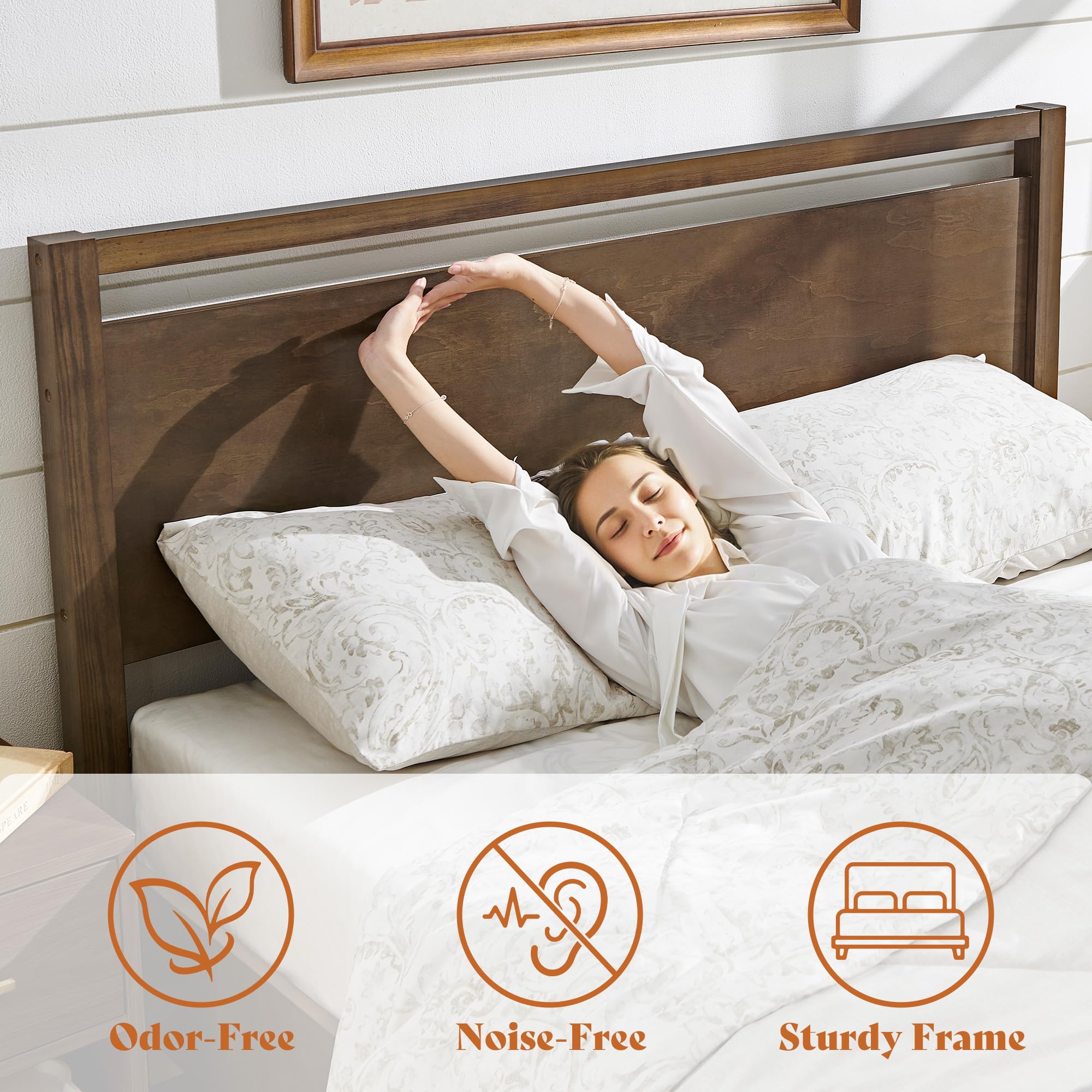 Papajet King Size Solid Wood Bed Frame with Headboard, Minimalist Platform Bed with Wood Slats Support, Easy Assembly, Noise-Free, Dark Brown