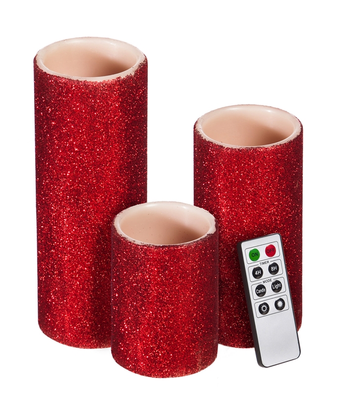 Red Glitter Battery Operated Flameless LED Wax Pillar Candle w/Remote, Set of 3