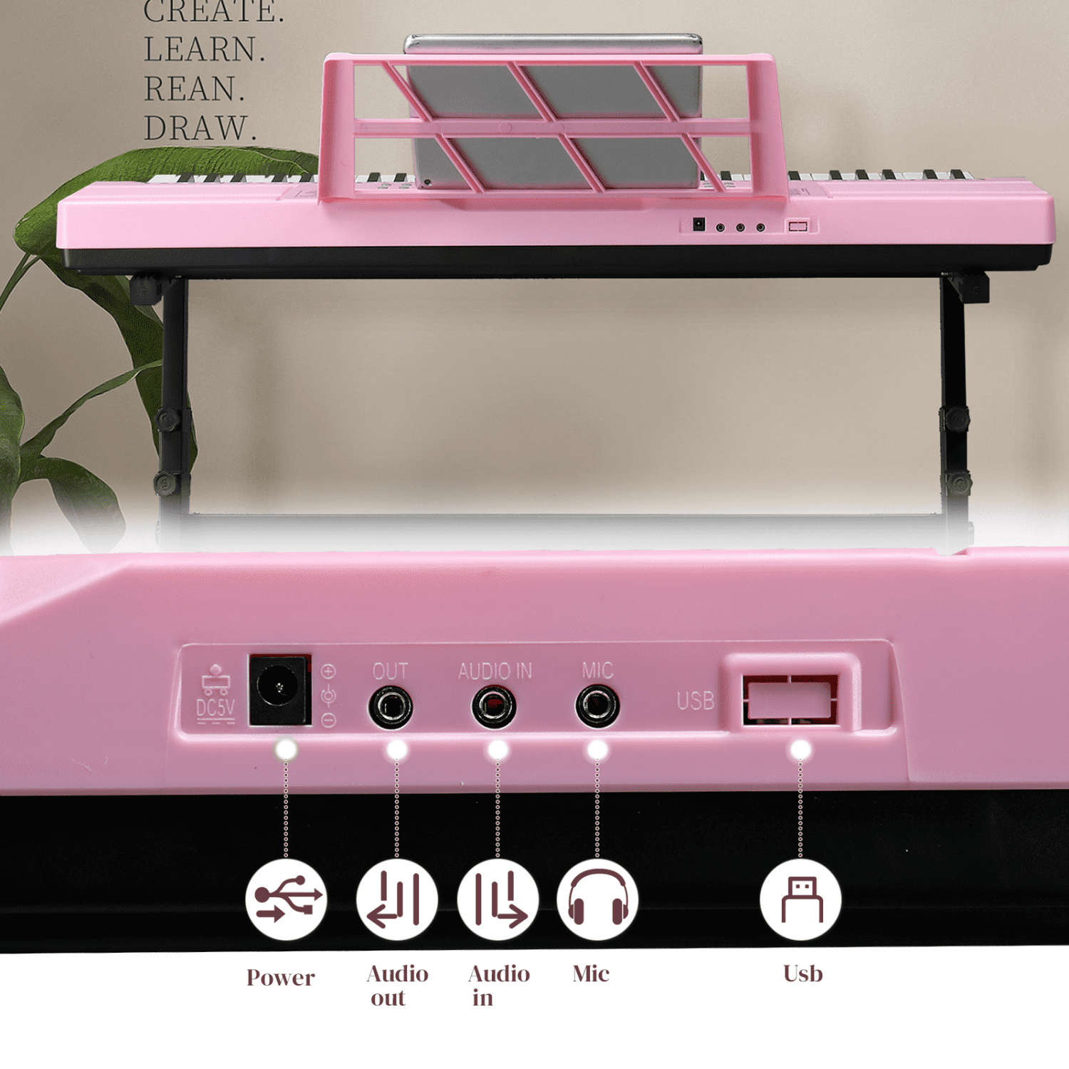 Hassch 61 Key Keyboard Piano with Stand and Bench, Built-In Speakers, Headphone, Microphone, Music Rest, LED Screen, 3 Teaching Modes for Beginners Starters, Pink
