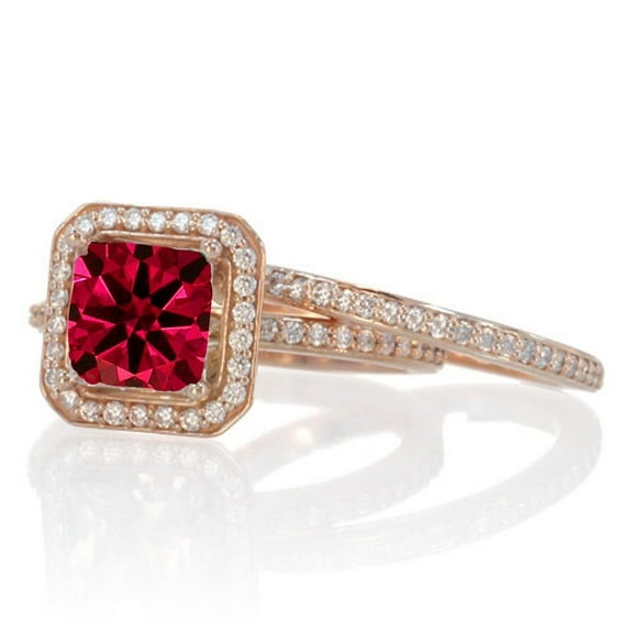 2.55 Carat Beautiful Ruby 7mm Cushion Cut And Moissanite Diamond Halo Wedding Ring Set on 10k White Gold