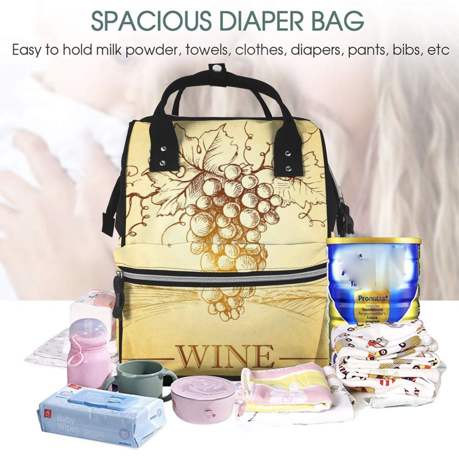 Ratiio Bunch of Grapes Mummy Backpack - Waterproof Twill Canvas, Large Capacity Diaper Bag with Multiple Pockets and Adjustable Straps
