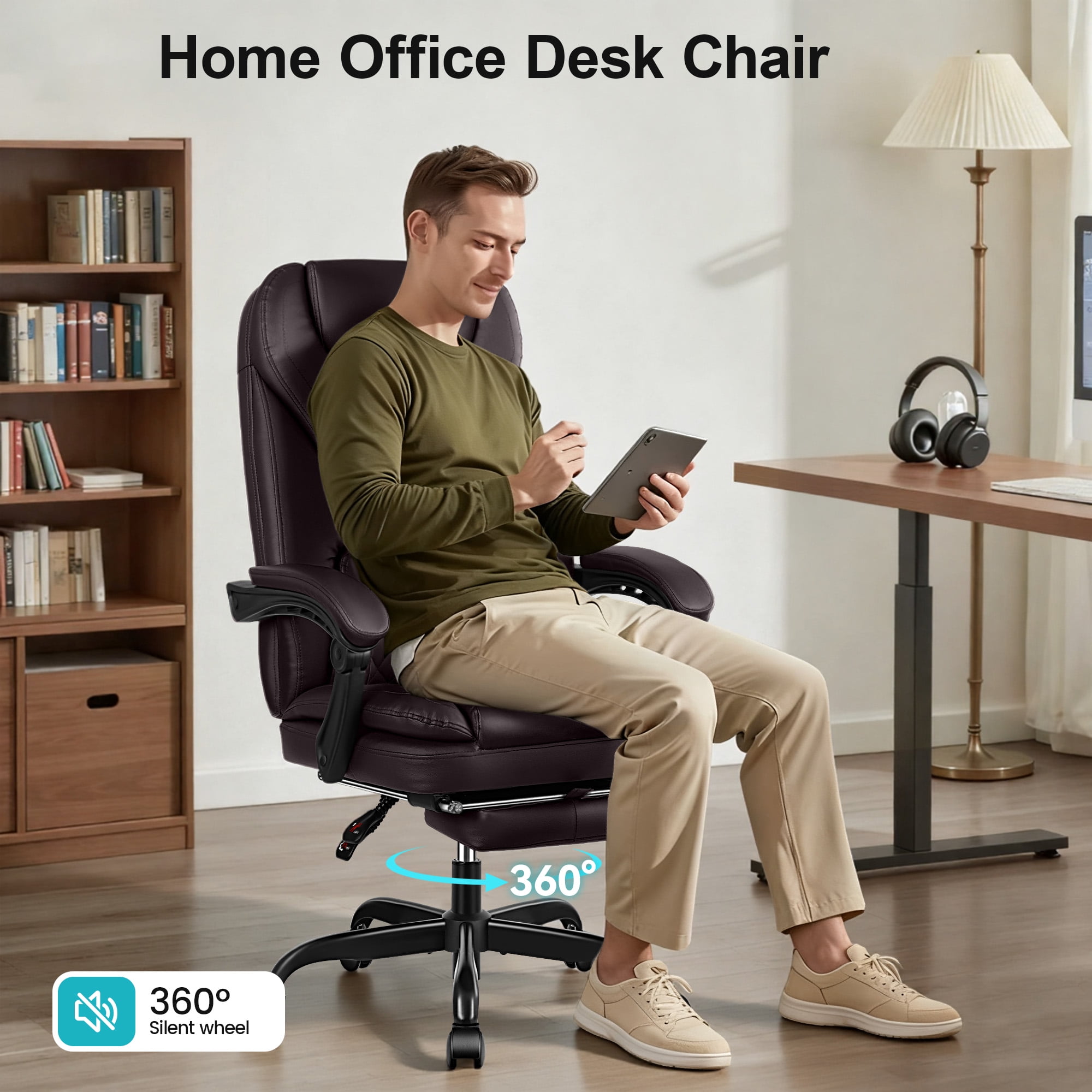 COOLHUT Executive Office Chair, Big and Tall Office Chair with Footrest Reclining Faux Leather Chair High Back Lumbar Support Ergonomic Office Chair with Padded Armrests, Coffee