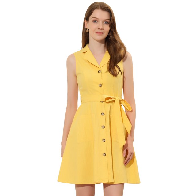 INSPIRE CHIC Robe Chemise Sans Manches Décontractée à Col en V Ceinturée Jaune TG