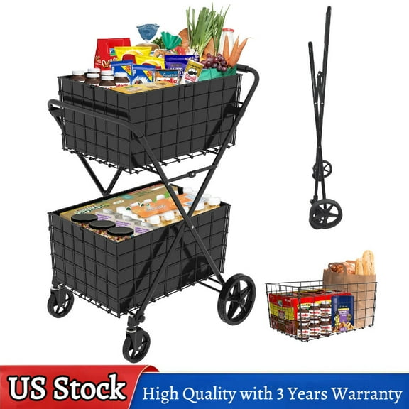 2-Tier Shopping Cart Foldable Grocery Cart Wheels Removable Storage Basket
