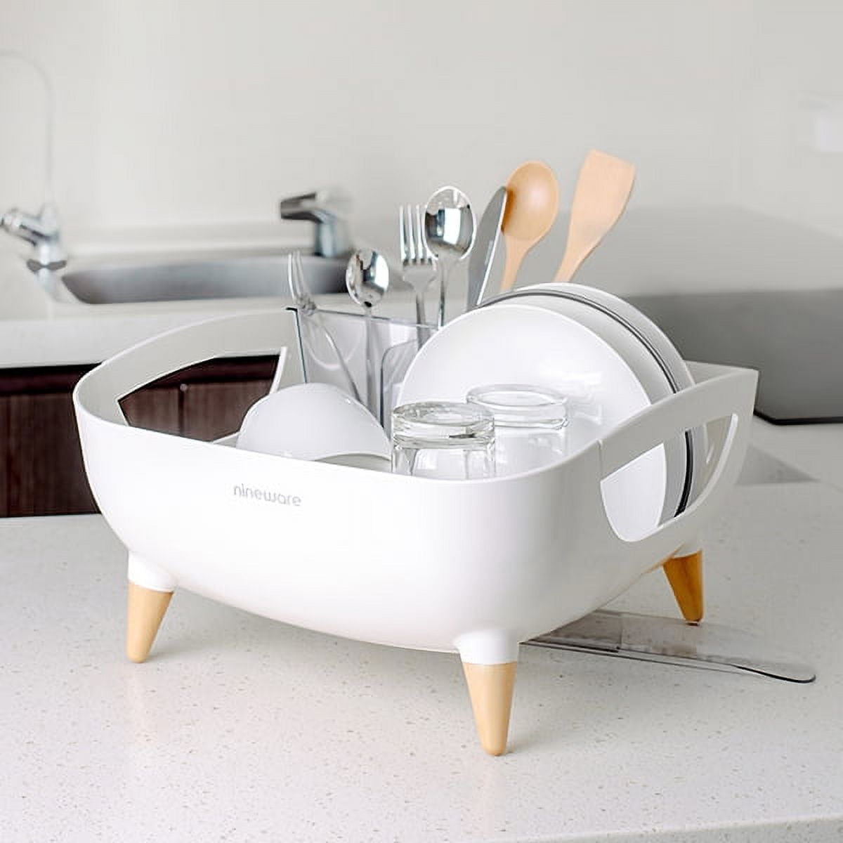 Nineware Kitchen Counter Compact Dish Drying Rack Over The Sink, 360° Rotatable Water Drain, Utensil Holder Included, Made in Korea (Cream White)