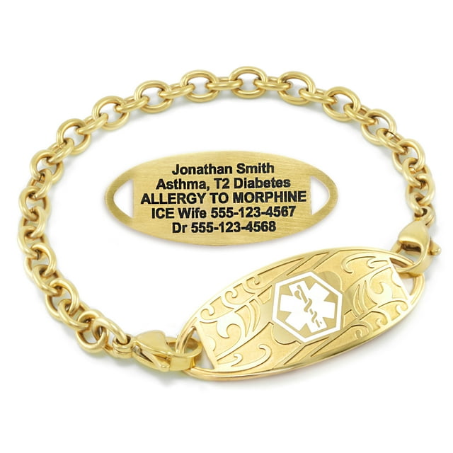 MedicEngraved Yellow Gold Stainless Steel Custom Medical Alert Bracelet - 5mm Oval Link