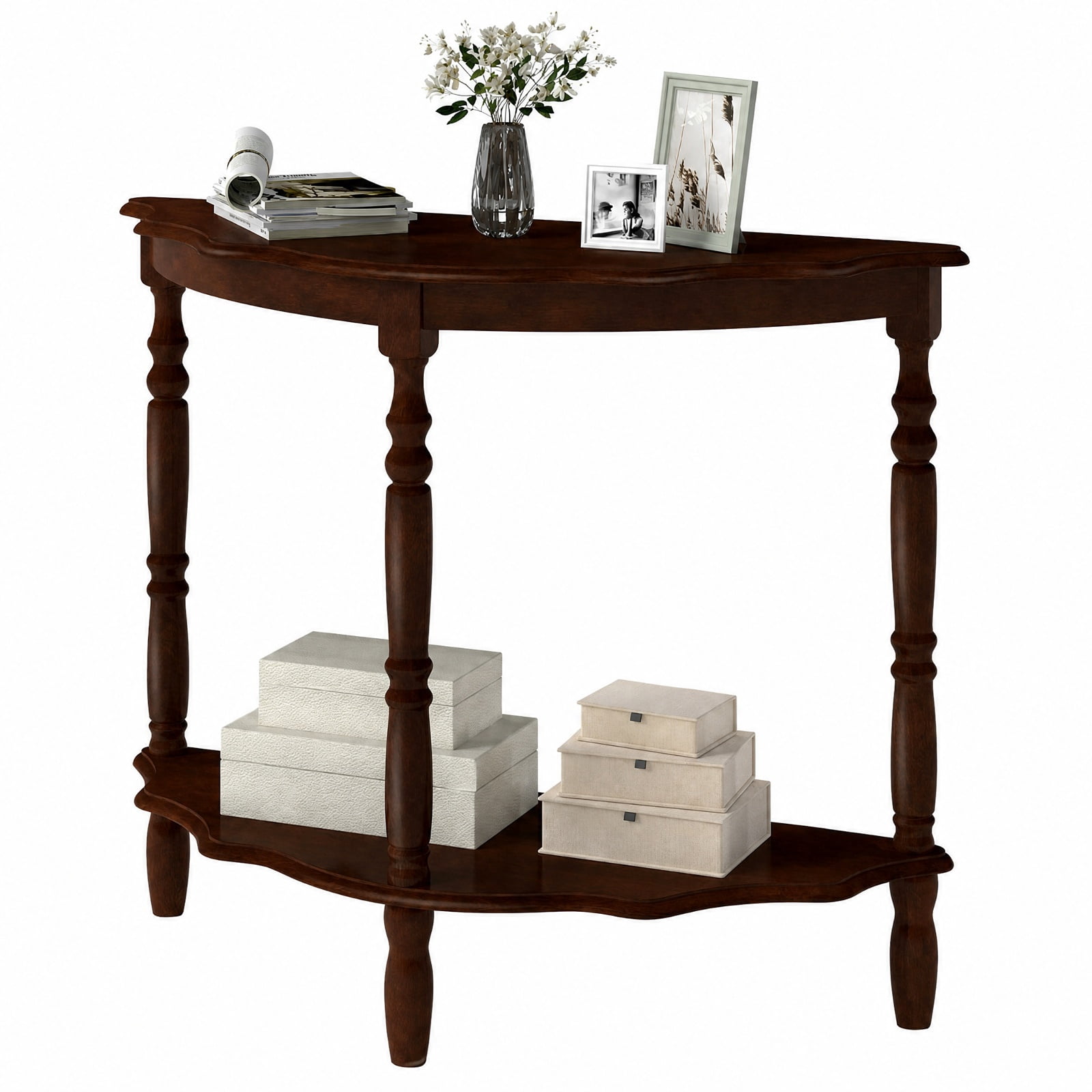 Furnibear 42 Inch Half Moon Console Table with Open Shelf and Solid Rubber Wood Legs for Entryway Hallway and Living Room, Espresso