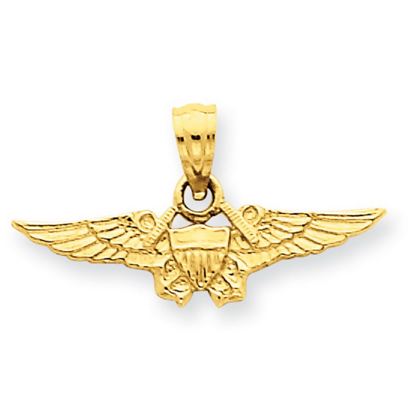 14K Yellow Gold Air Force Pilot Wing Pendant on an Adjustable 14K Yellow Gold Chain Necklace