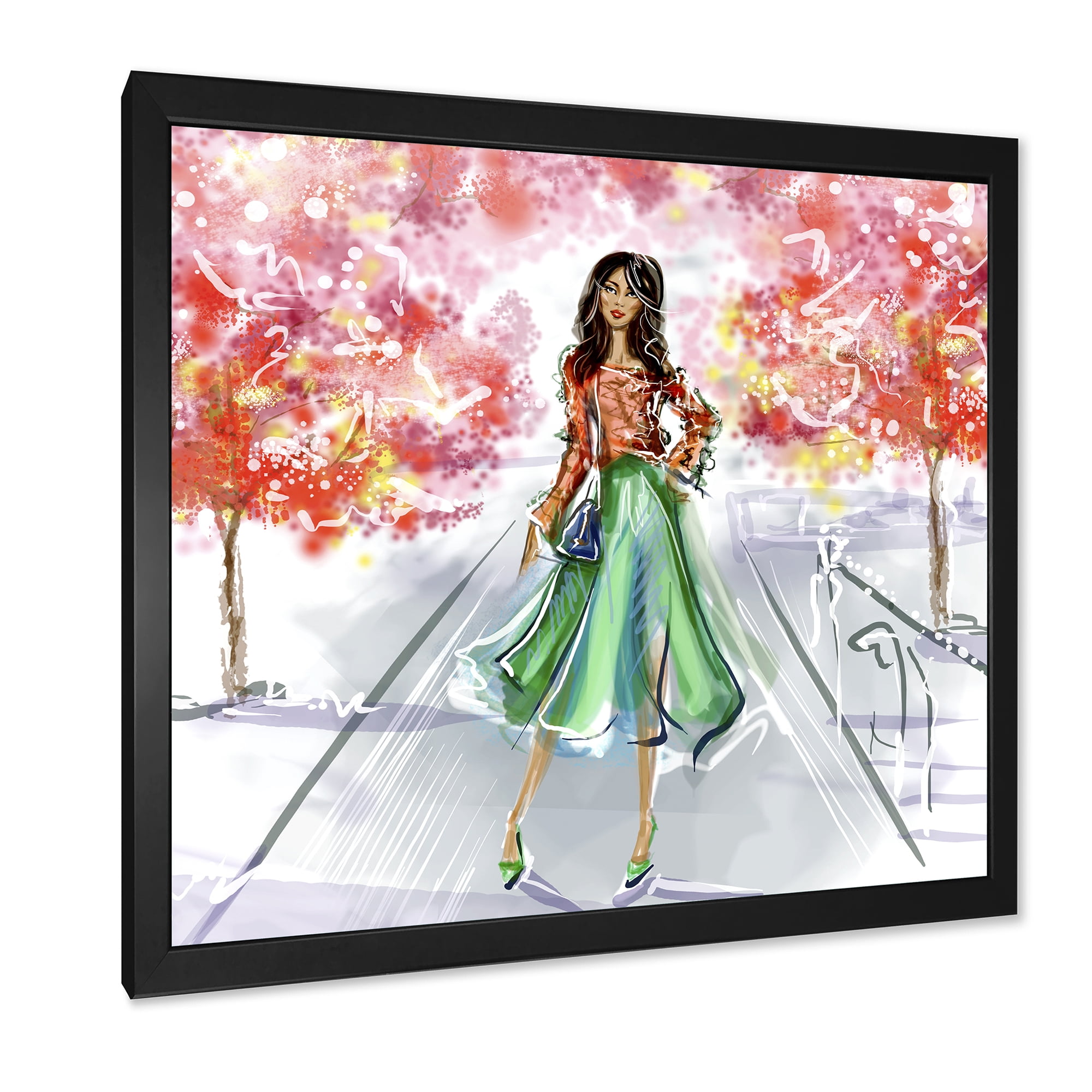 Beautiful Woman Wearing Fashionable Clothes In Park 16 in x 16 in Framed Painting Canvas Art Print, by Designart