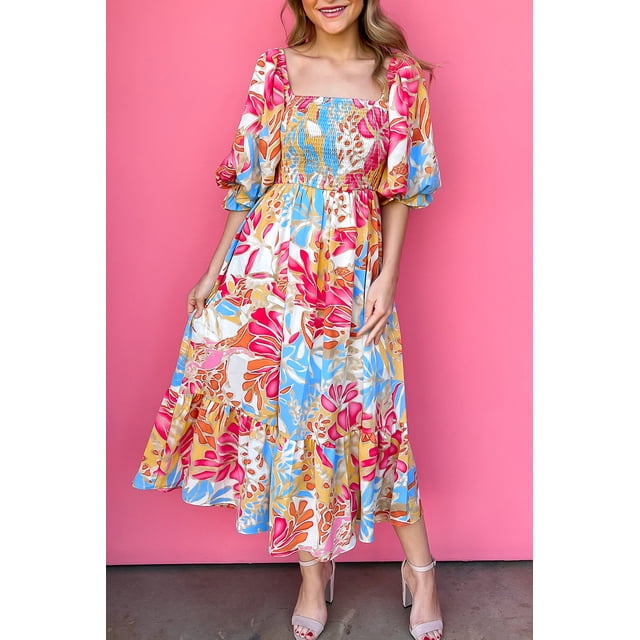 FOLUNSI Floral Maxi Dress: Rose Red Smocked Puff Sleeves