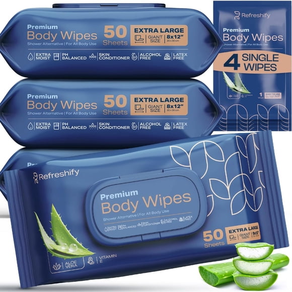 Toallitas corporales de ducha Refreshify XL con aloe vera, 200 unidades, 4 unidades de viaje