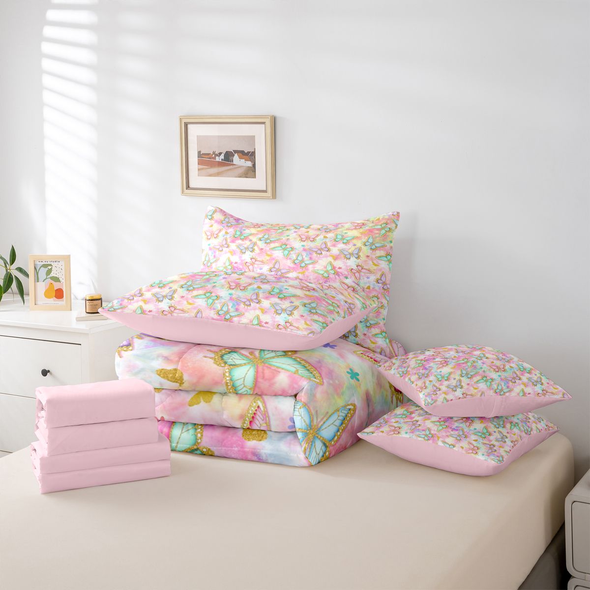 jejeloiu Cute Cartoon Butterflies 7-Piece Twin Bedding Sets,Modern Watercolor Aesthetic Bedding Comforter Set,Gold Glitter Print Sheet Sets For Kids,Breathable Home Decor Reversible